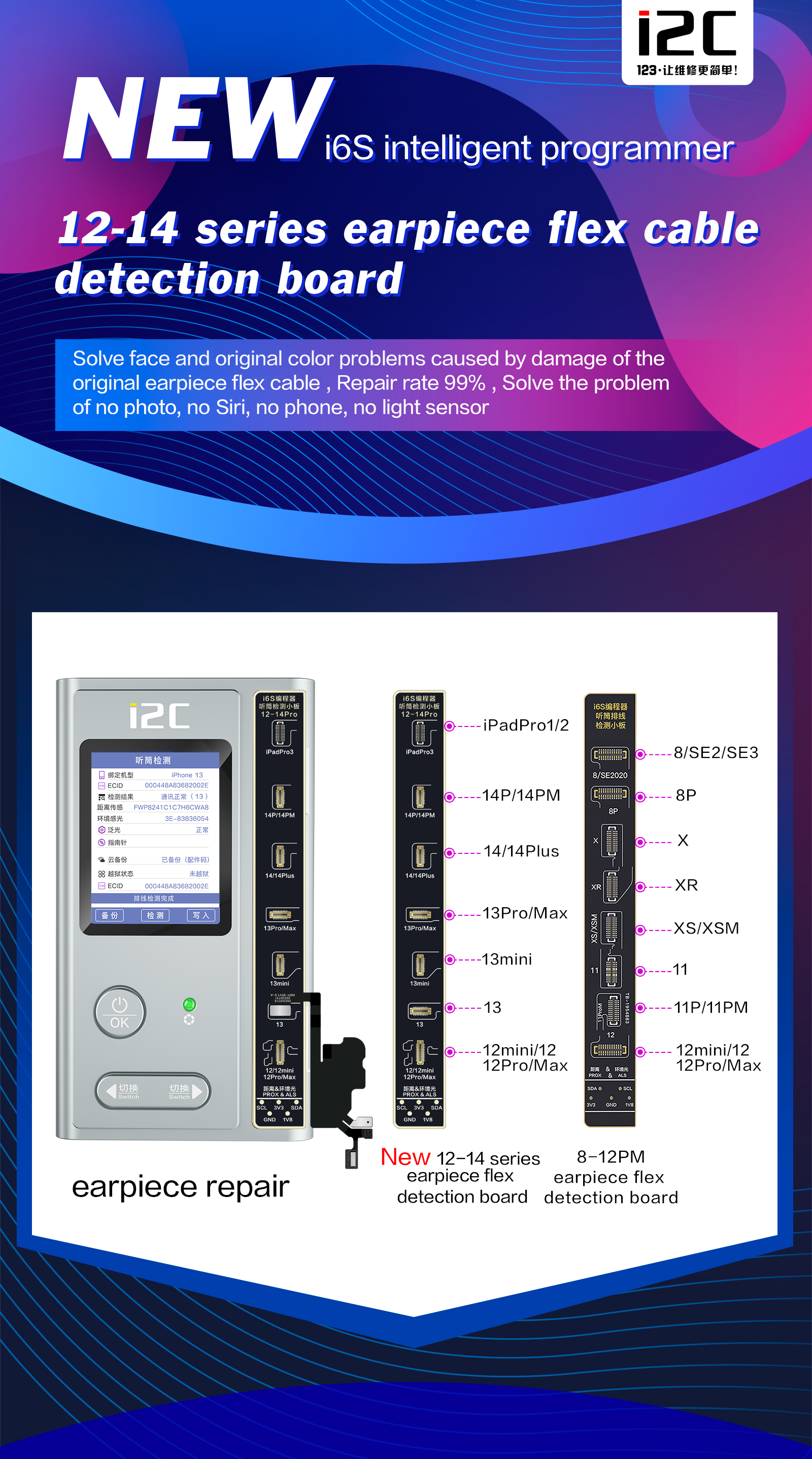 8-14PM/iPadPro earpiece flex cable detection cable, solve the problem of no face no original color (图2)